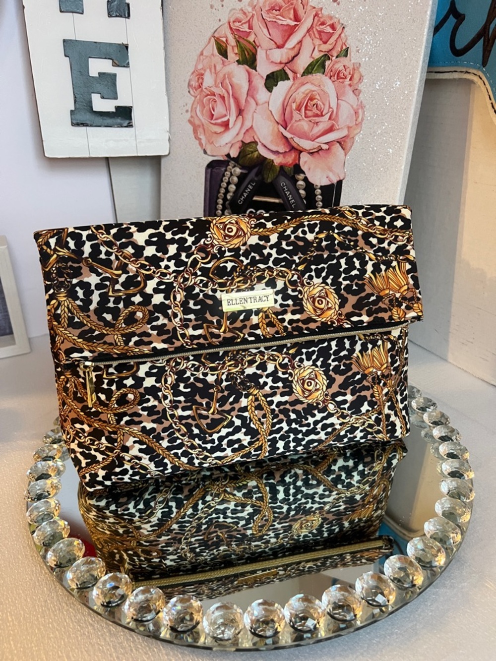 Ellen Tracy Black, White & Gold Chain-Print Foldover Clutch